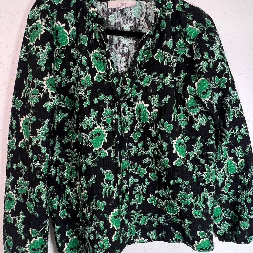 Loft green/black floral blouse with ruffle details